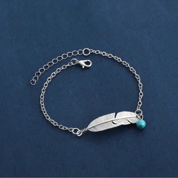 “Silver”Turquoise Feather Anklet Bracelet - Picture 3 of 5